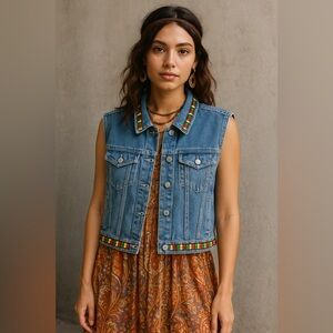 Vtg Carolina Blues Embroidered Denim Vest Boho Festival‎ Western 90s Style [C]